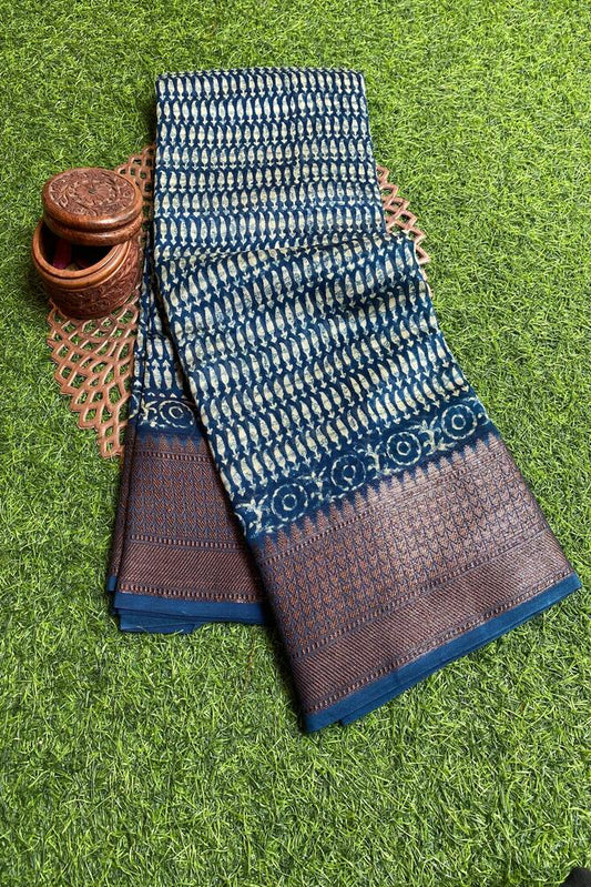 Blue cotton Chanderi saree from Saarang Sarees with traditional design and matching unstiched blouse for elegant wear.