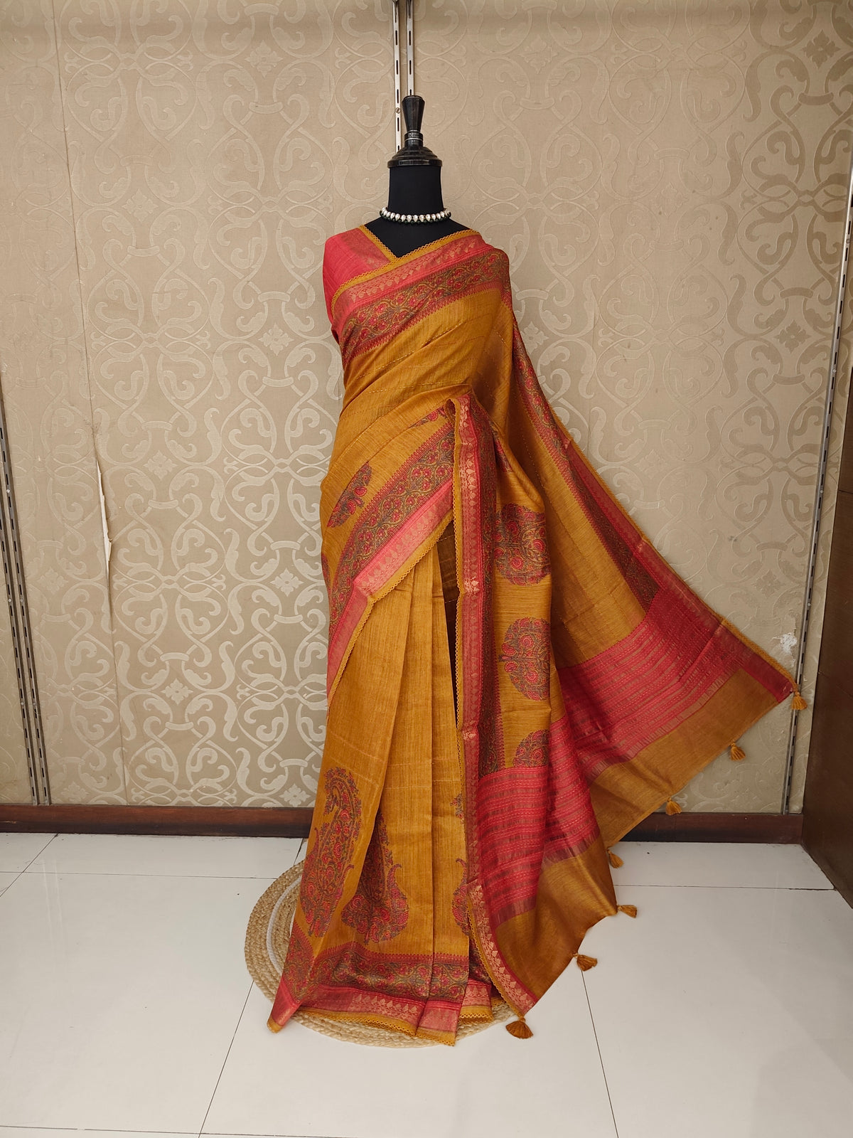 Mustard Yellow Munga Silk Printed Saree With Kantha Work, With Unstich Blouse