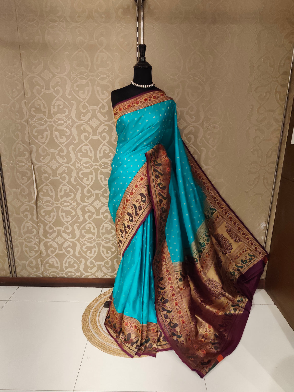 Aqua Blue Pure Kanjeevaram Silk Saree, With Unstiched Blouse