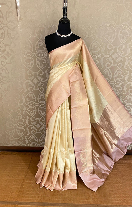 Golden Offwhite Katan Banarasi Saree Hand Woven Work, With Unstiched Blouse
