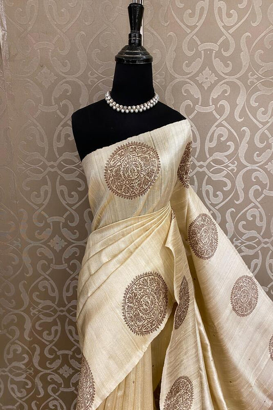 Off-White Pure Raw Tussar Banarasi Silk Saree, Hand Woven Motifs With Unstiched Blouse