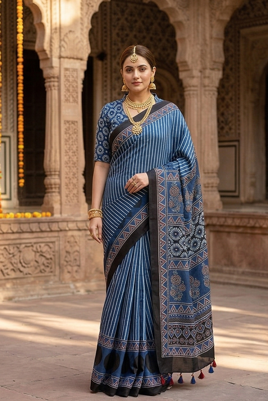 Blue Pure Modal Silk Ajrakh Printed Saree With Unstiched Blouse