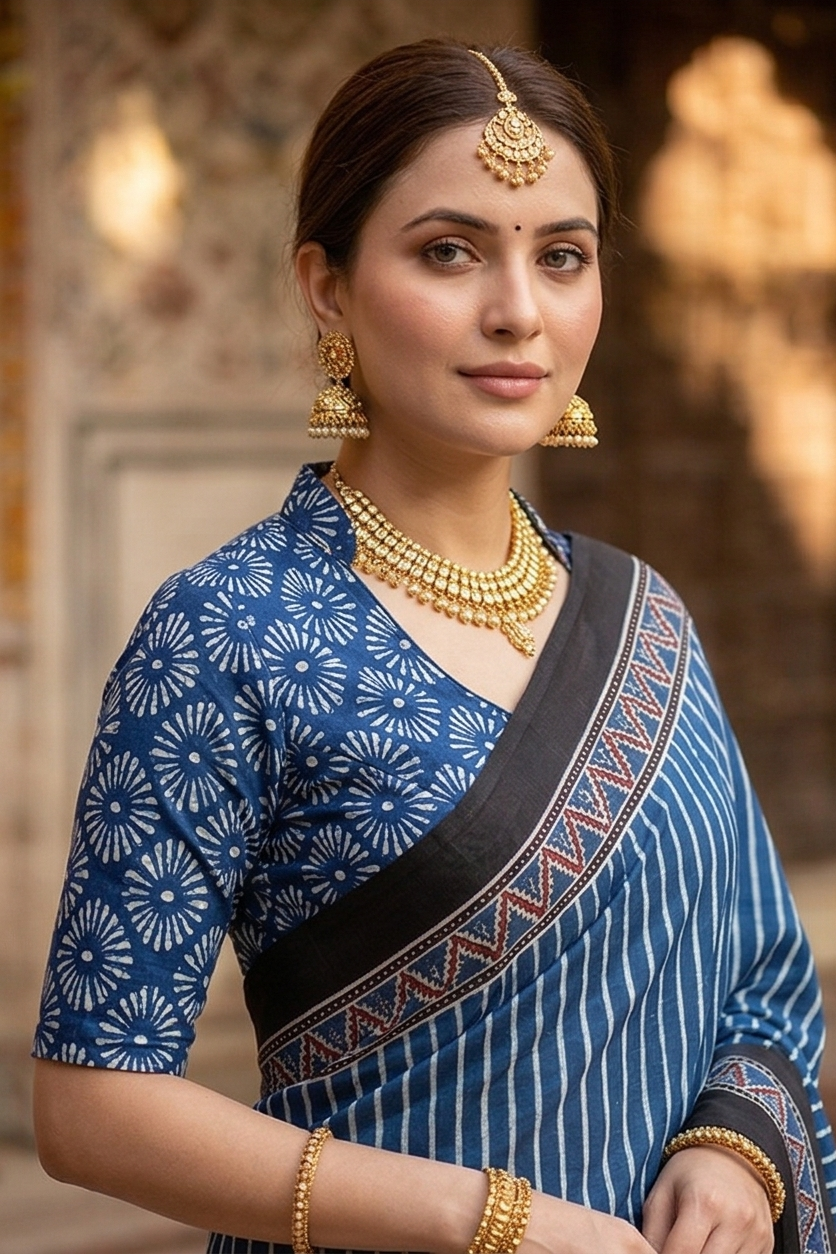 Blue Pure Modal Silk Ajrakh Printed Saree With Unstiched Blouse