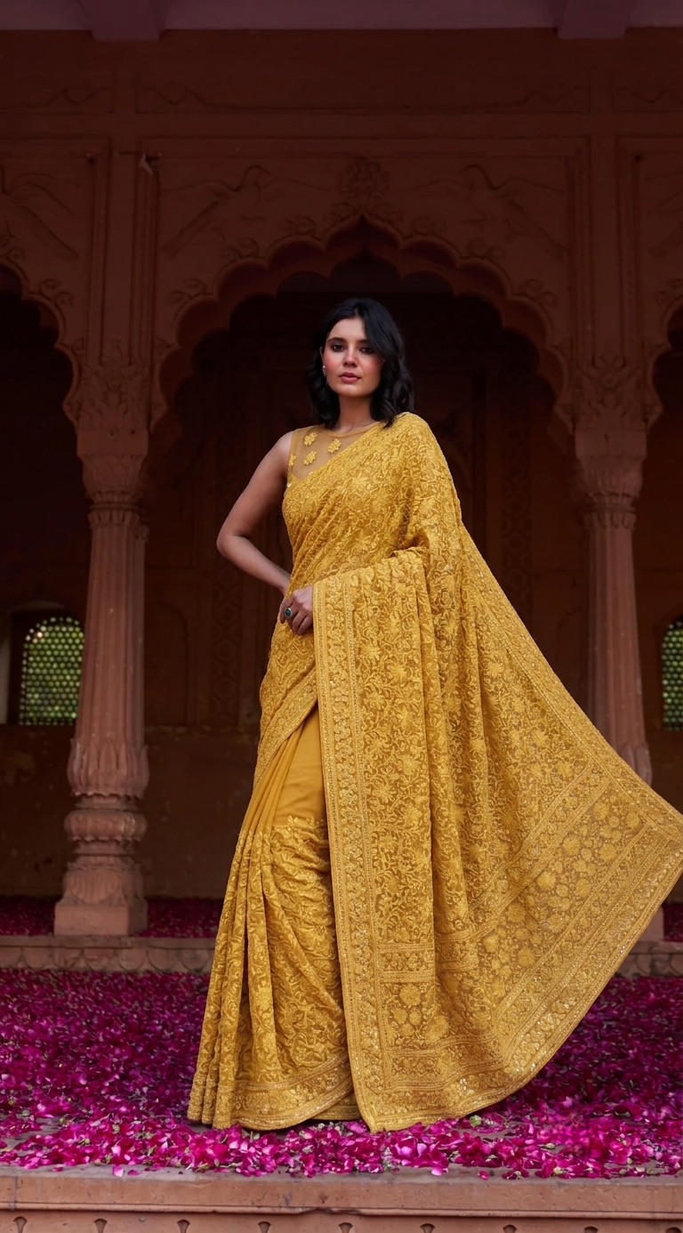 Mustard Yellow Georgette Chikankari Embroidery Saree, With Unstitched Blouse