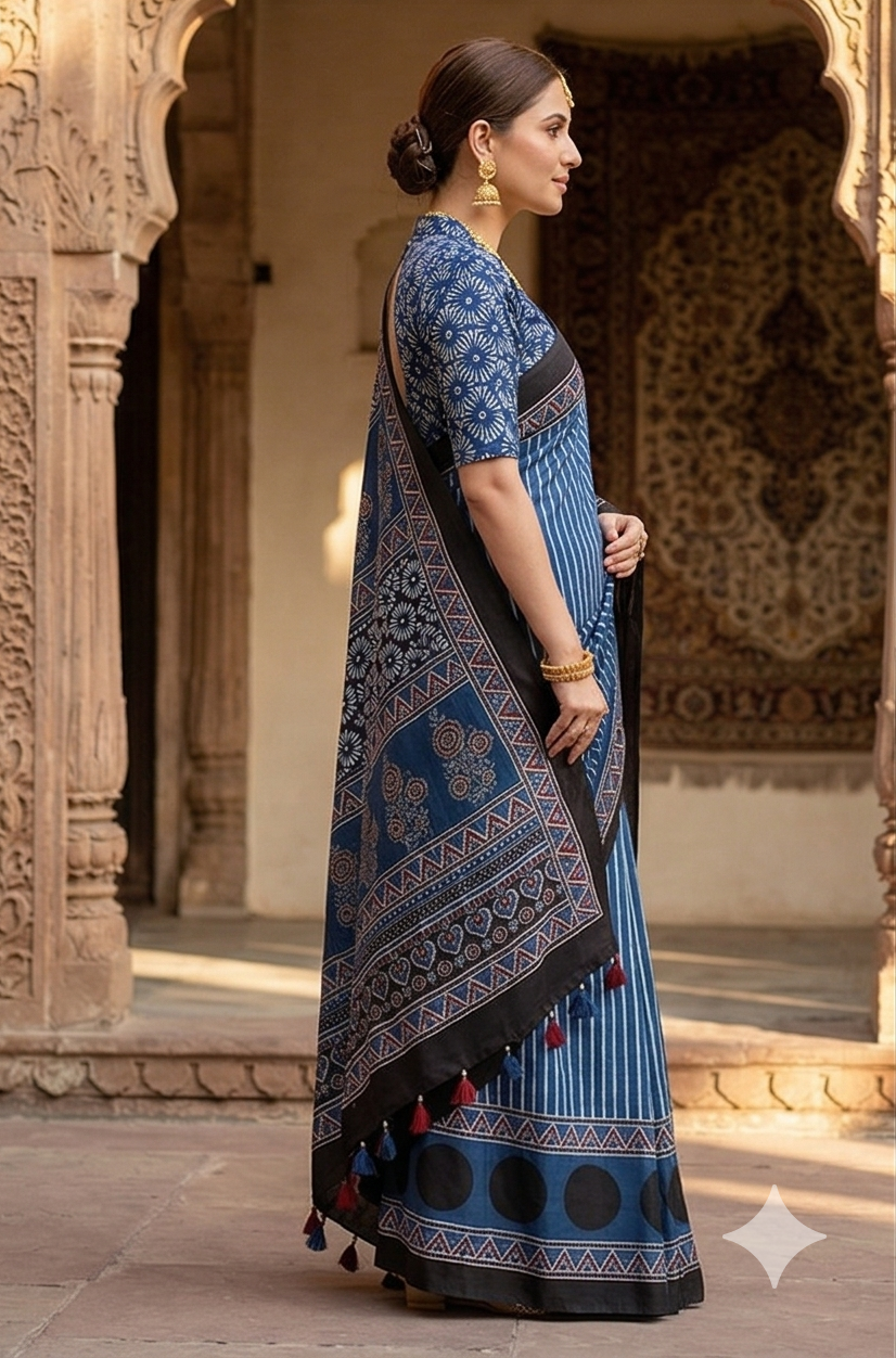 Blue Pure Modal Silk Ajrakh Printed Saree With Unstiched Blouse