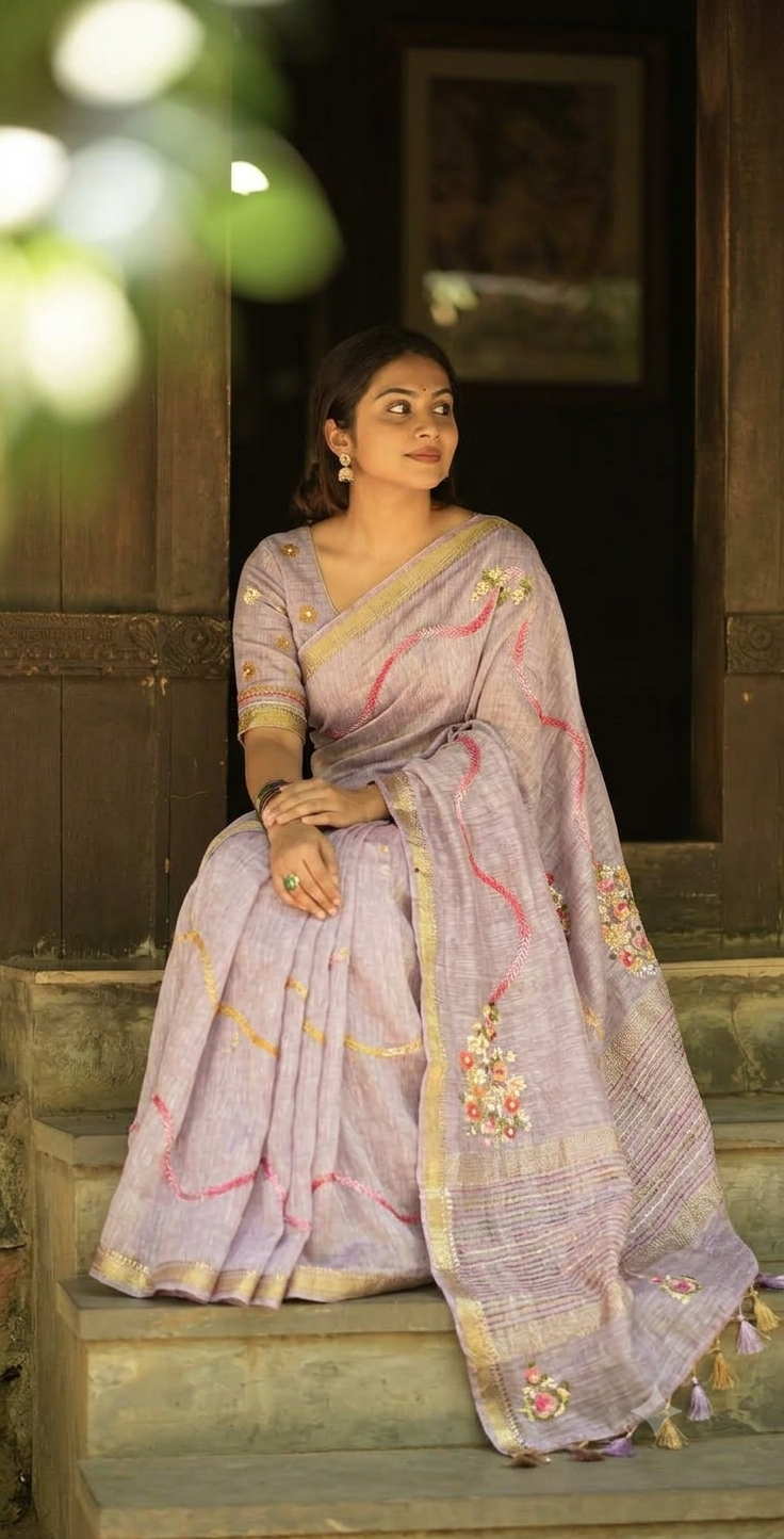 Mauve Linen Silk Saree Hand Embroidered Work, With Unstiched Blouse