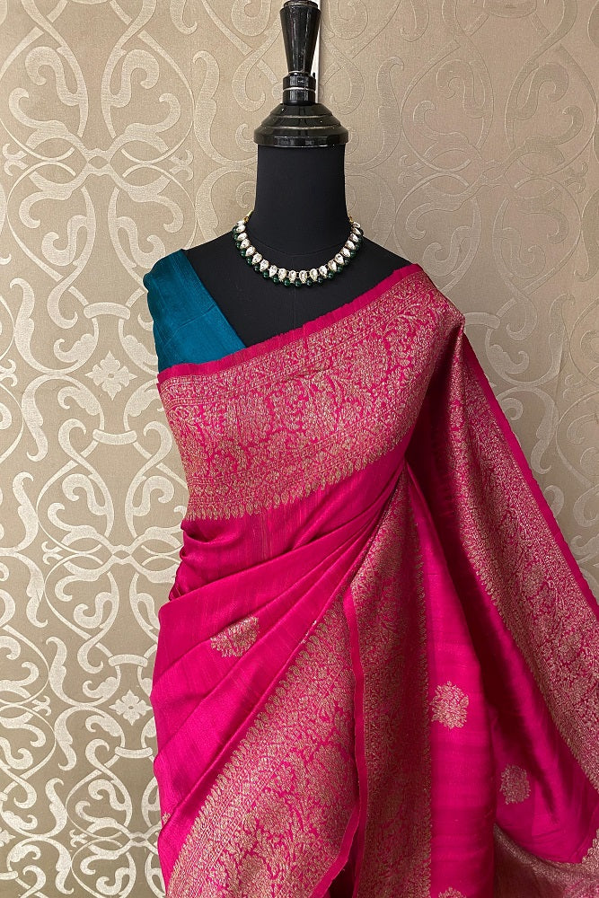 Rani Pure Raw Tussar Banarasi Silk Saree, Hand Woven Motifs With Unstiched Blouse