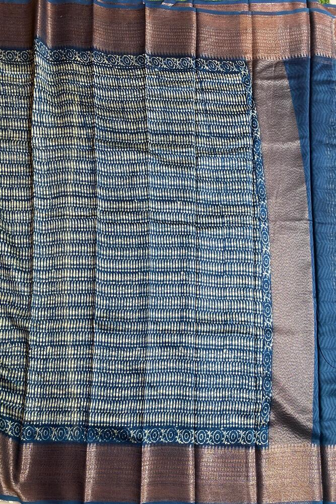 Blue cotton Chanderi saree with intricate patterns and an unstiched blouse, traditional wear by Saarang Sarees.