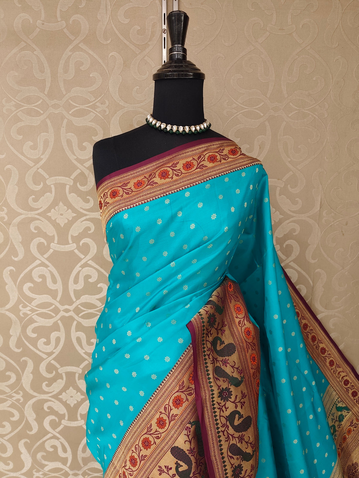 Aqua Blue Pure Kanjeevaram Silk Saree, With Unstiched Blouse