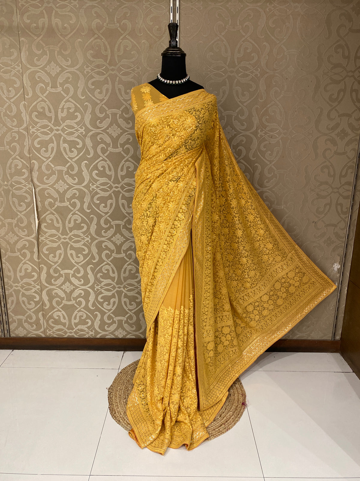Mustard Yellow Georgette Chikankari Embroidery Saree, With Unstitched Blouse