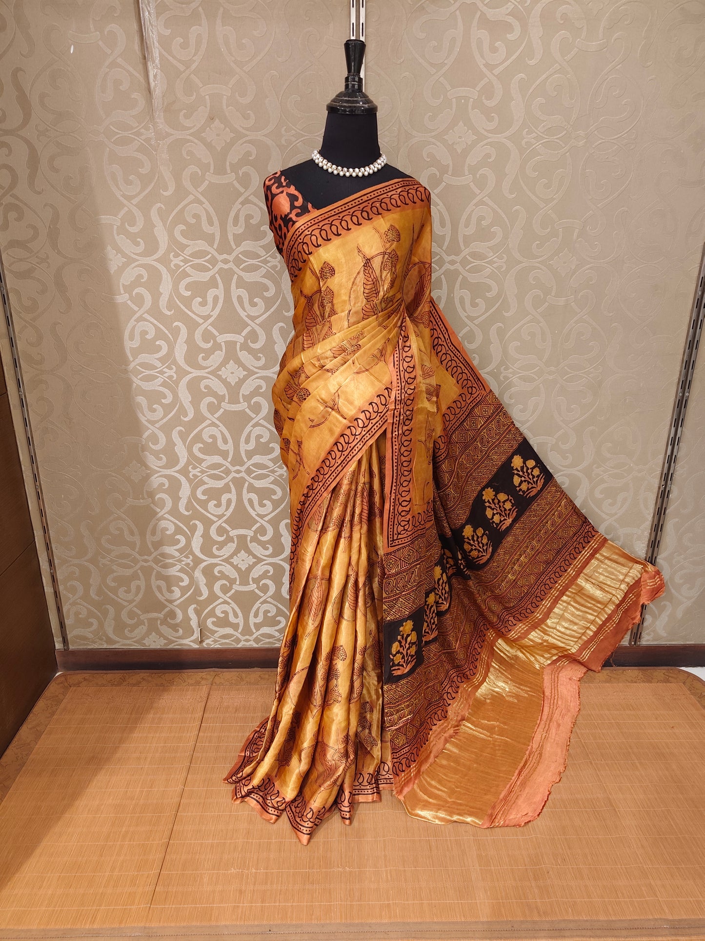 Golden Pure Modal Silk Ajrakh Printed Saree With Unstich Blouse