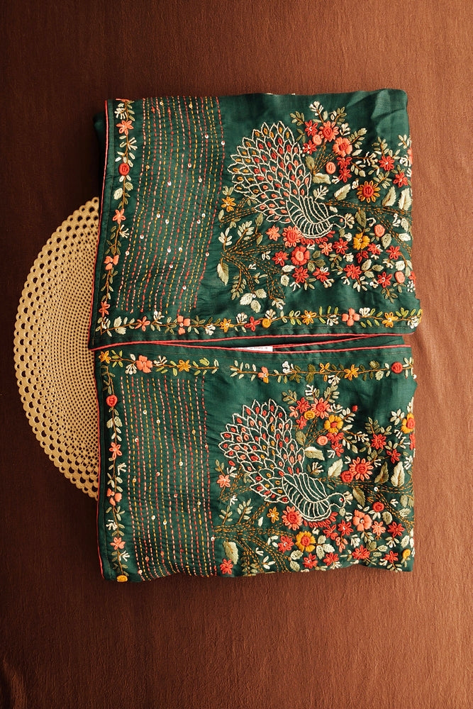 Deep Green Semi Munga Silk French Knot Hand Embroidery Work Saree, With Unstiched Blouse