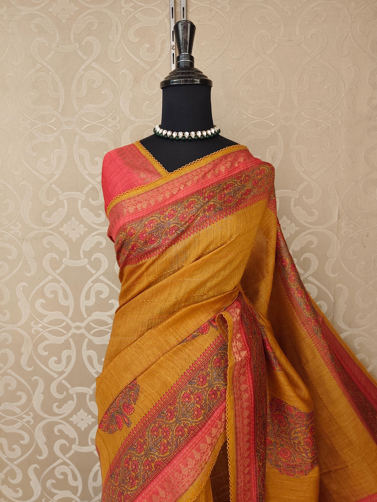 Mustard Yellow Munga Silk Printed Saree With Kantha Work, With Unstich Blouse