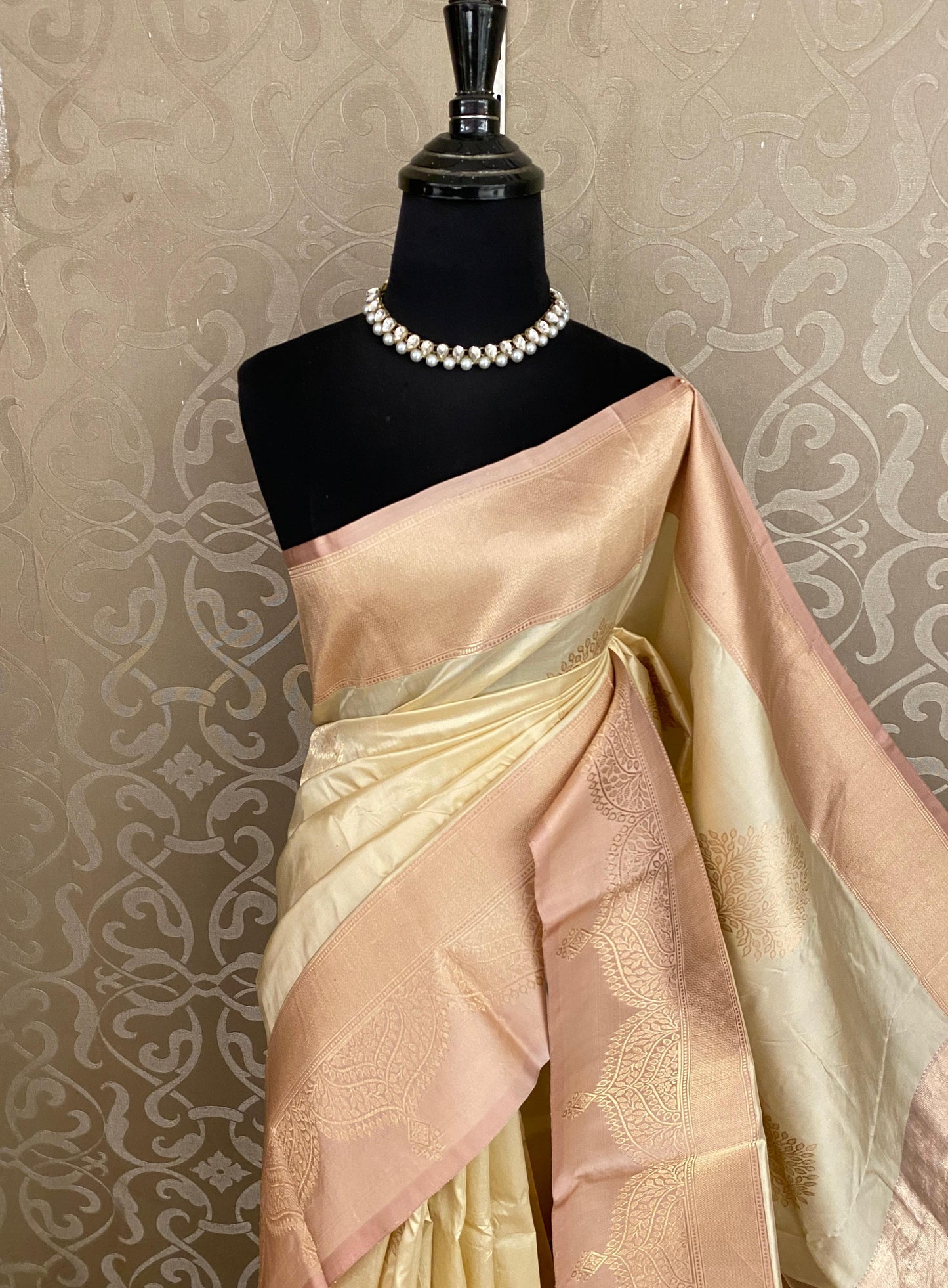 Golden Offwhite Katan Banarasi Saree Hand Woven Work, With Unstiched Blouse