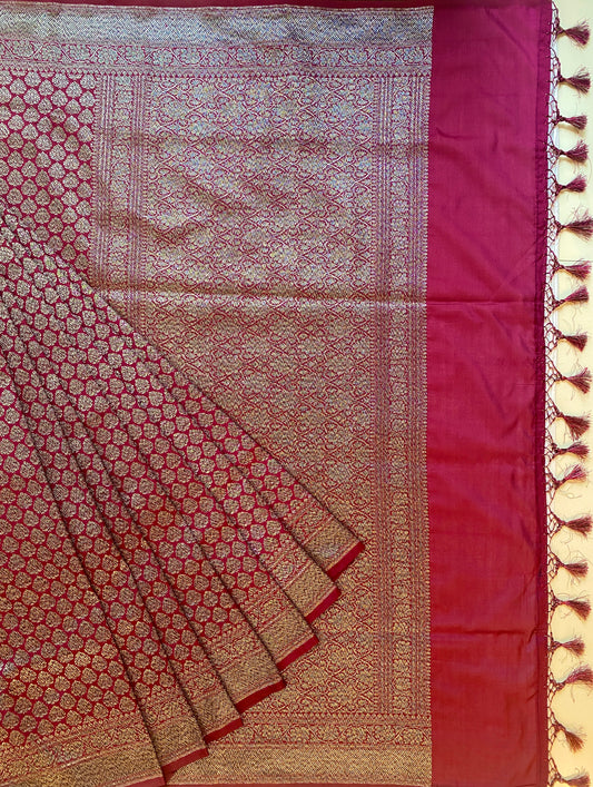 Red Semi Katan Brocade Silk Saree, With Unstiched Blouse