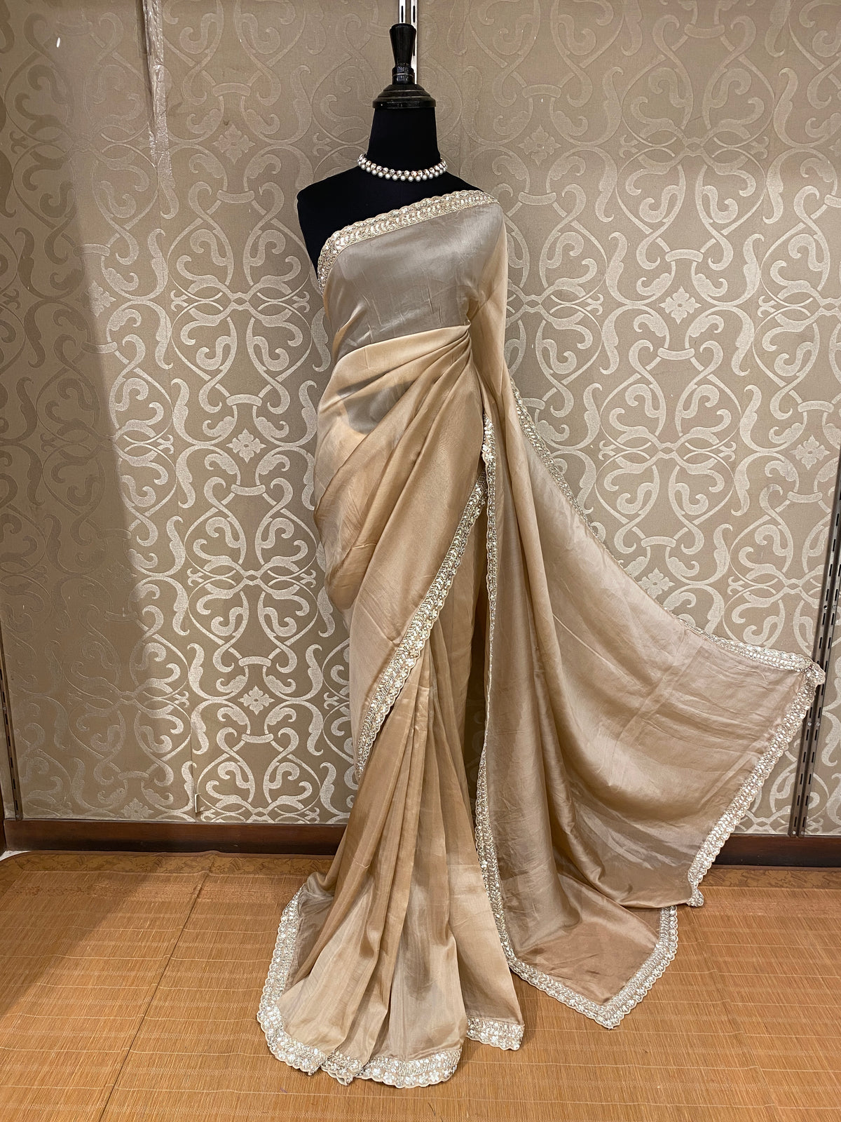 Golden Beige Organza Silk Embroidery Saree, With Unstiched Blouse