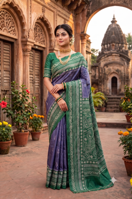 Light Violet Tussar Embroidery Saree With Kantha Work Border, With Unstitched Blouse