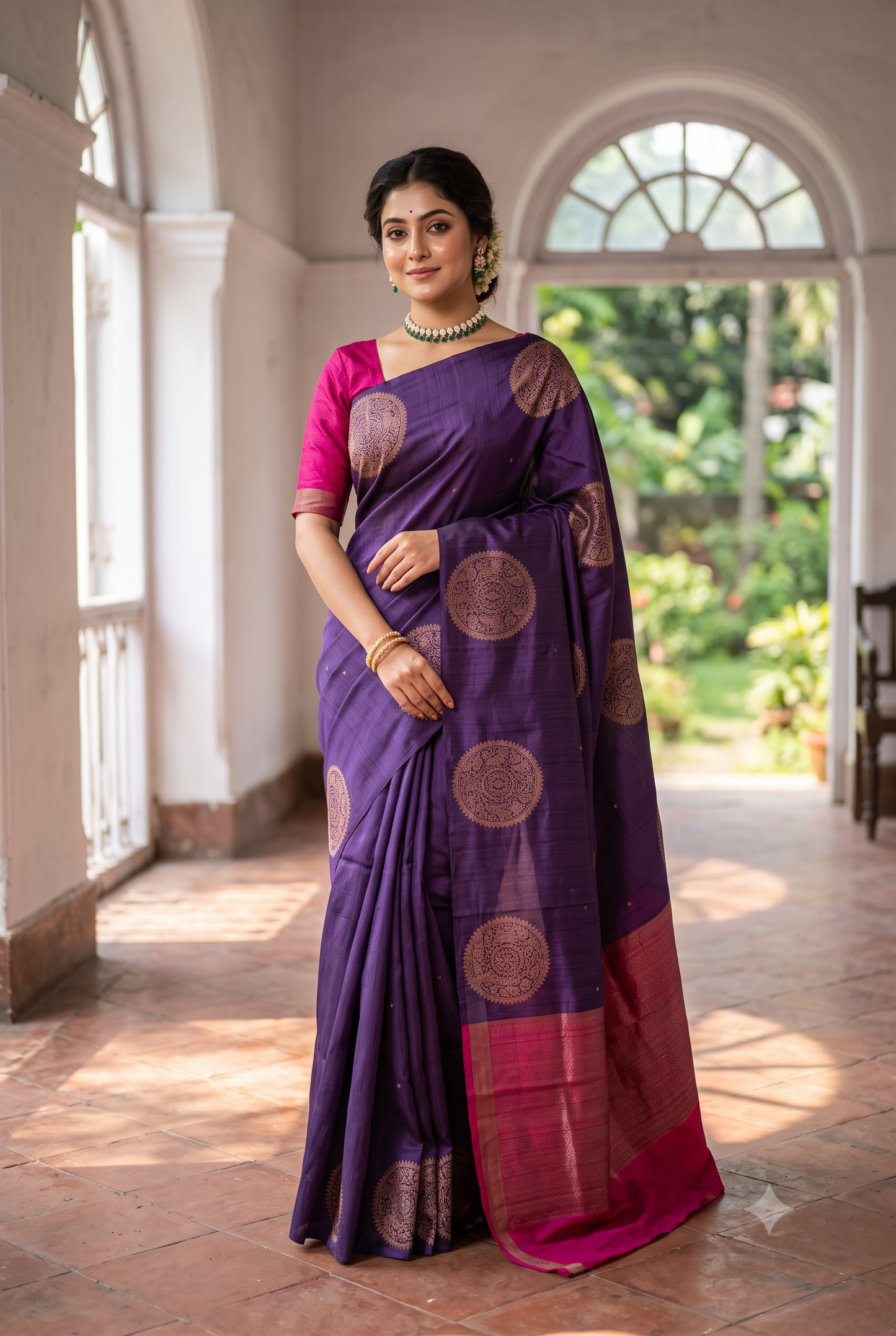 Violet Pure Raw Tussar Banarasi Silk Saree, Hand Woven Motifs With Unstiched Blouse