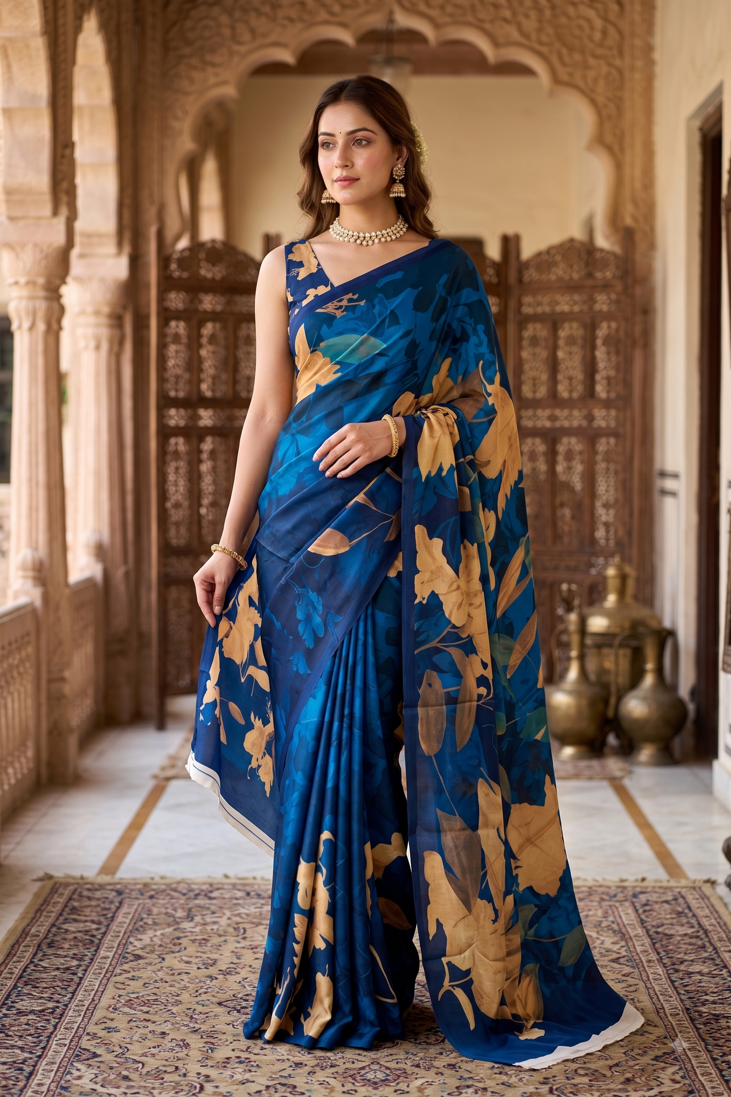 Dark Blue Floral Printed Satin Crepe Saree, With Unstiched Blouse