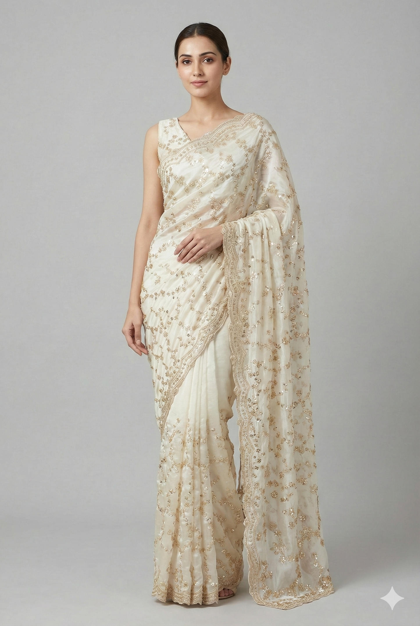 Off-White tissue organza silk saree with embroidery, party wear, paired with unstiched blouse by Saarang Sarees.