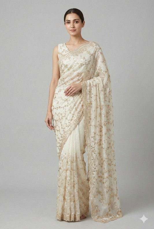 Off-White tissue organza silk saree with embroidery, party wear, paired with unstiched blouse by Saarang Sarees.
