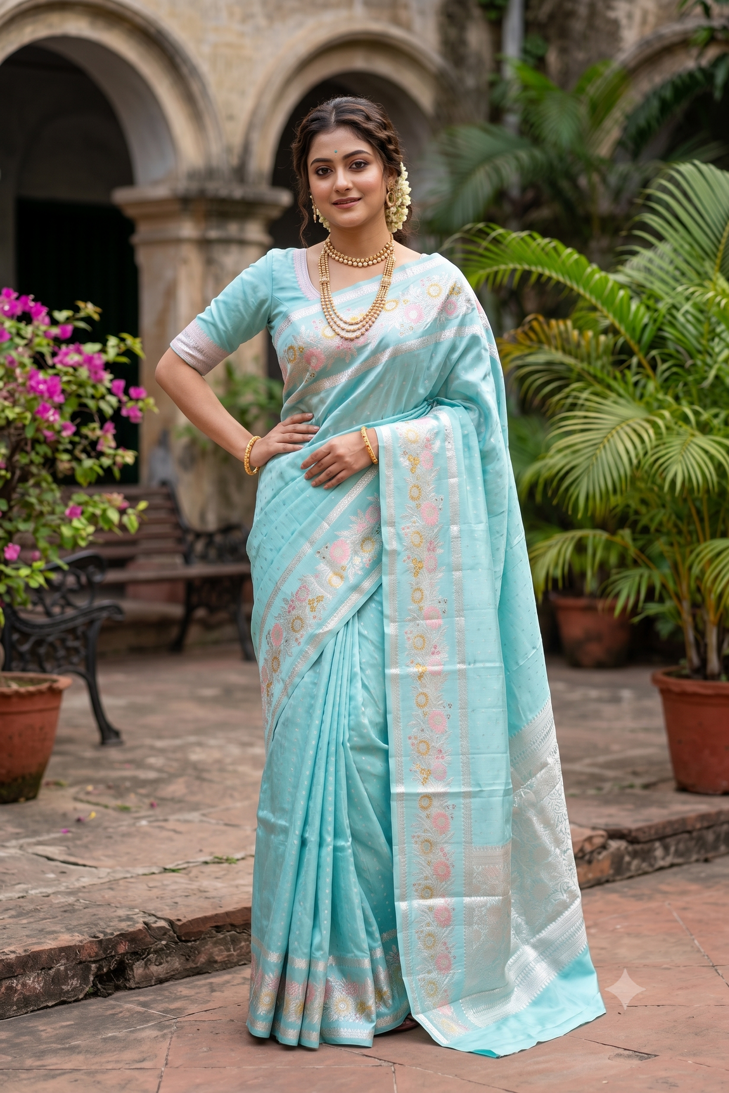 Sky Chiniya Silk Saree Hand Woven Butas, With Unstiched Blouse