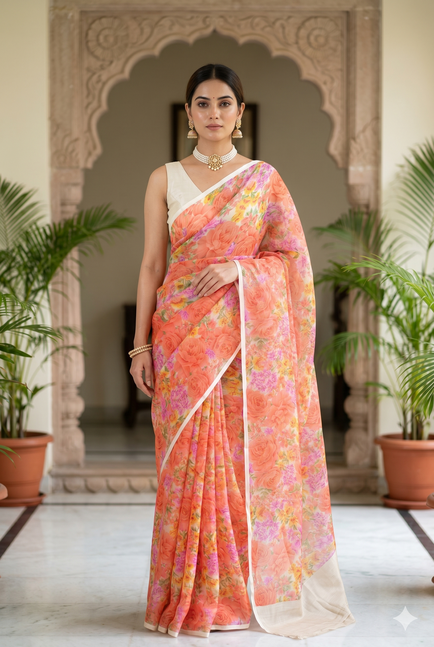 Saffron Green Floral Printed Chiffon Saree, With Unstiched Blouse Piece