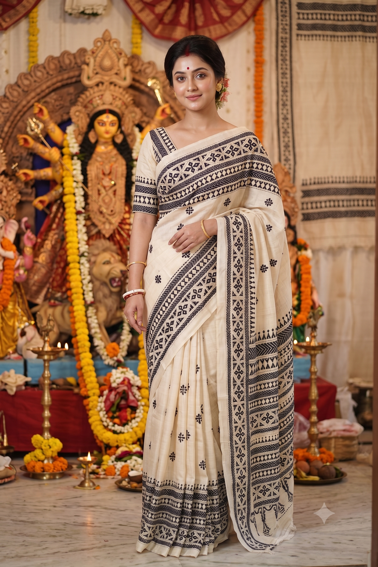 Off-White Tussar Embroidery Saree With Kantha Work Border, With Unstitched Blouse