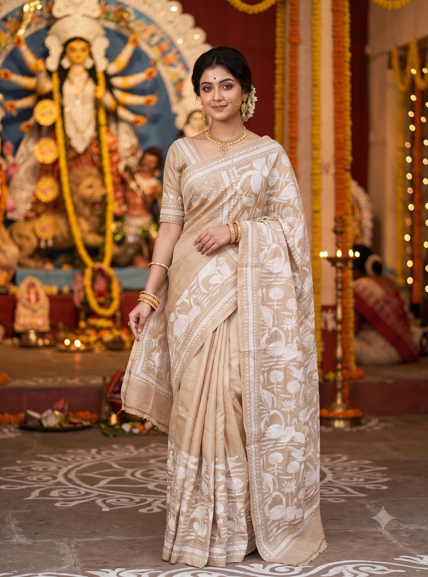Beige Tussar Embroidery Saree With Kantha Work Border, With Unstitched Blouse