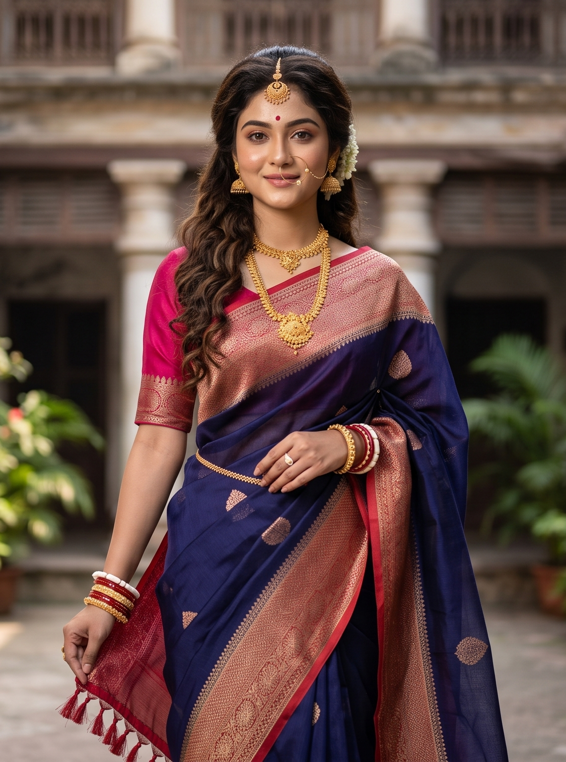 Navy Blue Kora Banarasi Silk Saree, With Unstiched Blouse