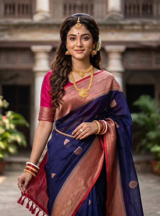 Navy blue Kora Banarasi silk saree with intricate gold zari work, paired with an unstiched blouse for traditional wear.