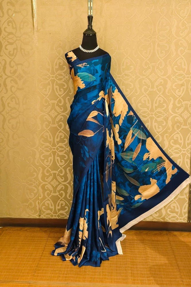 Dark Blue Floral Printed Satin Crepe Saree, With Unstiched Blouse