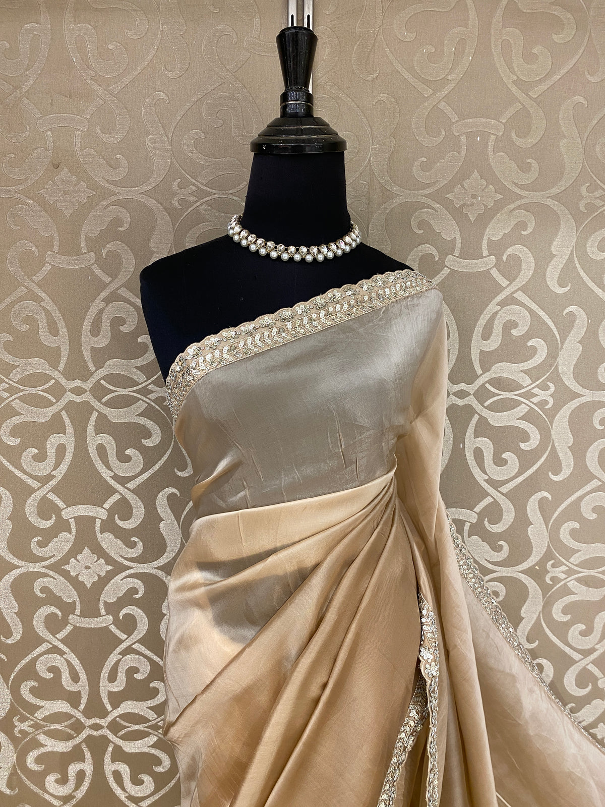 Golden Beige Organza Silk Embroidery Saree, With Unstiched Blouse