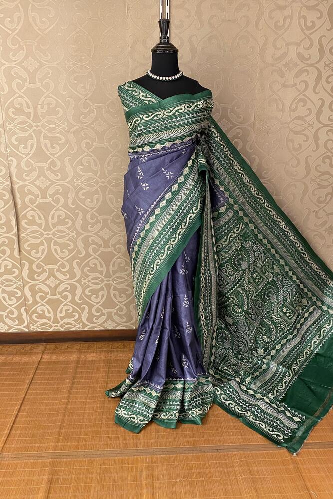 Light Violet Tussar Embroidery Saree With Kantha Work Border, With Unstitched Blouse
