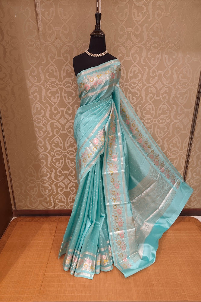 Sky Chiniya Silk Saree Hand Woven Butas, With Unstiched Blouse