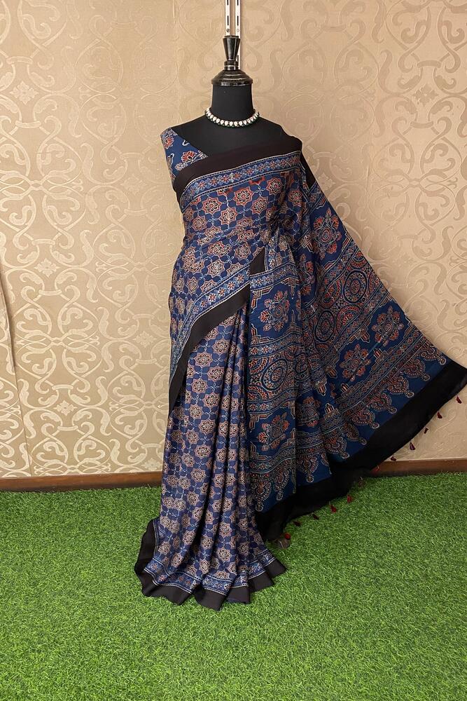Indigo Blue Pure Modal Silk Ajrakh Printed Saree With Unstiched Blouse