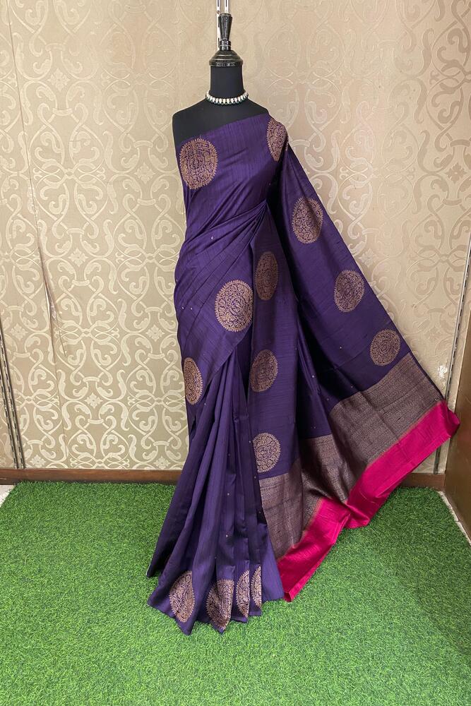 Violet Pure Raw Tussar Banarasi Silk Saree, Hand Woven Motifs With Unstiched Blouse