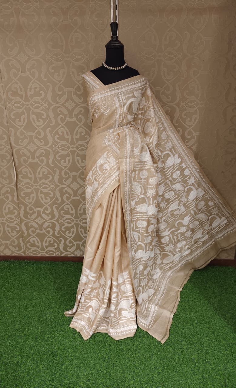 Beige Tussar Embroidery Saree With Kantha Work Border, With Unstitched Blouse