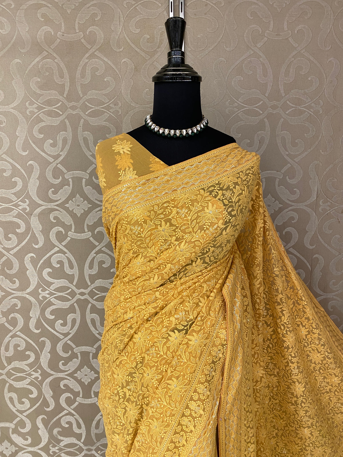Mustard Yellow Georgette Chikankari Embroidery Saree, With Unstitched Blouse