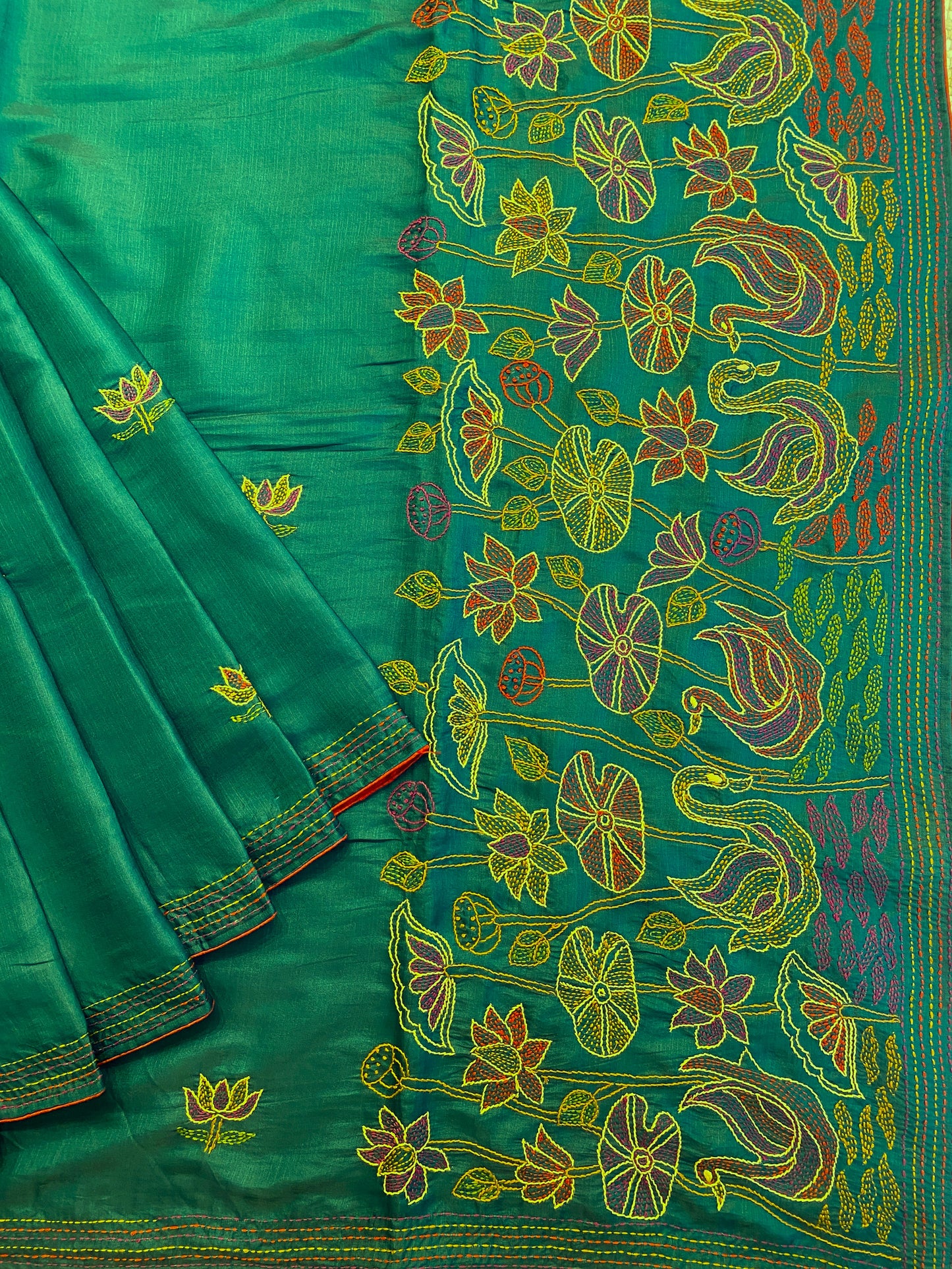 Deep Green Semi Munga Silk French Knot Hand Embroidery Work Saree, With Unstiched Blouse