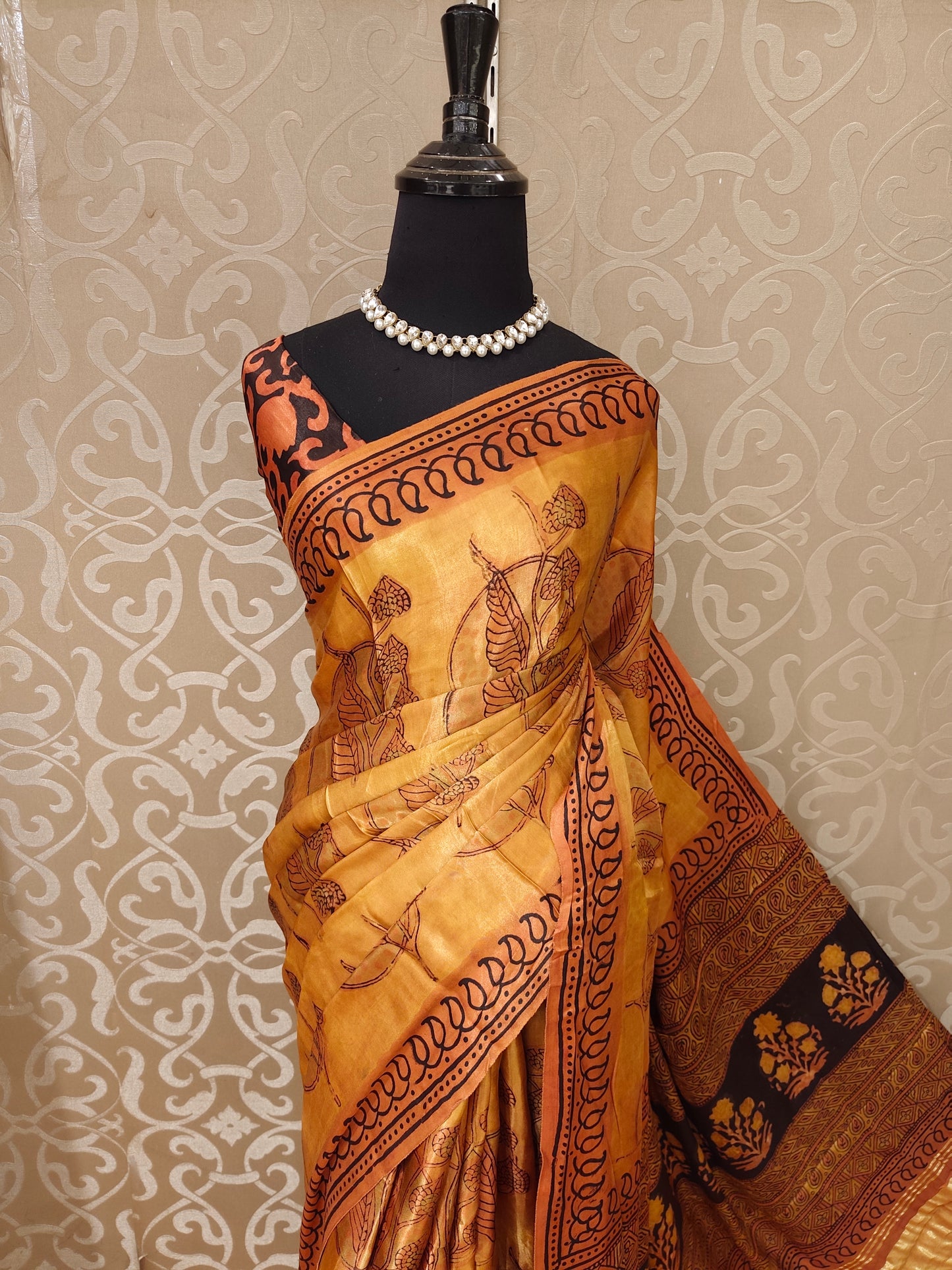 Golden Pure Modal Silk Ajrakh Printed Saree With Unstich Blouse