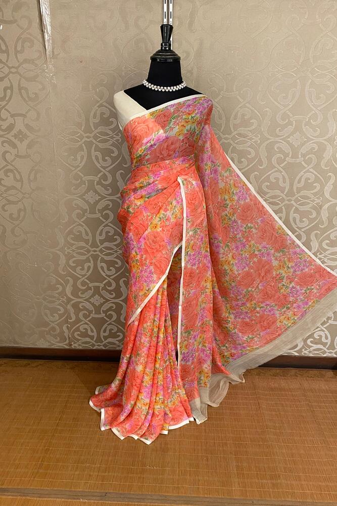 Saffron Green Floral Printed Chiffon Saree, With Unstiched Blouse Piece