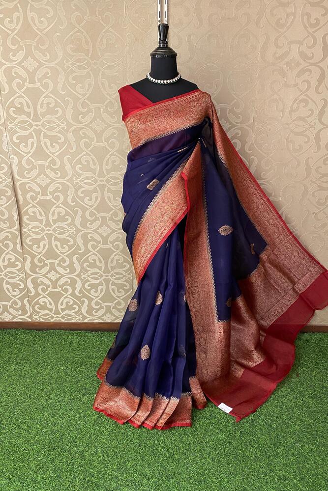 Navy Blue Kora Banarasi Silk Saree, With Unstiched Blouse