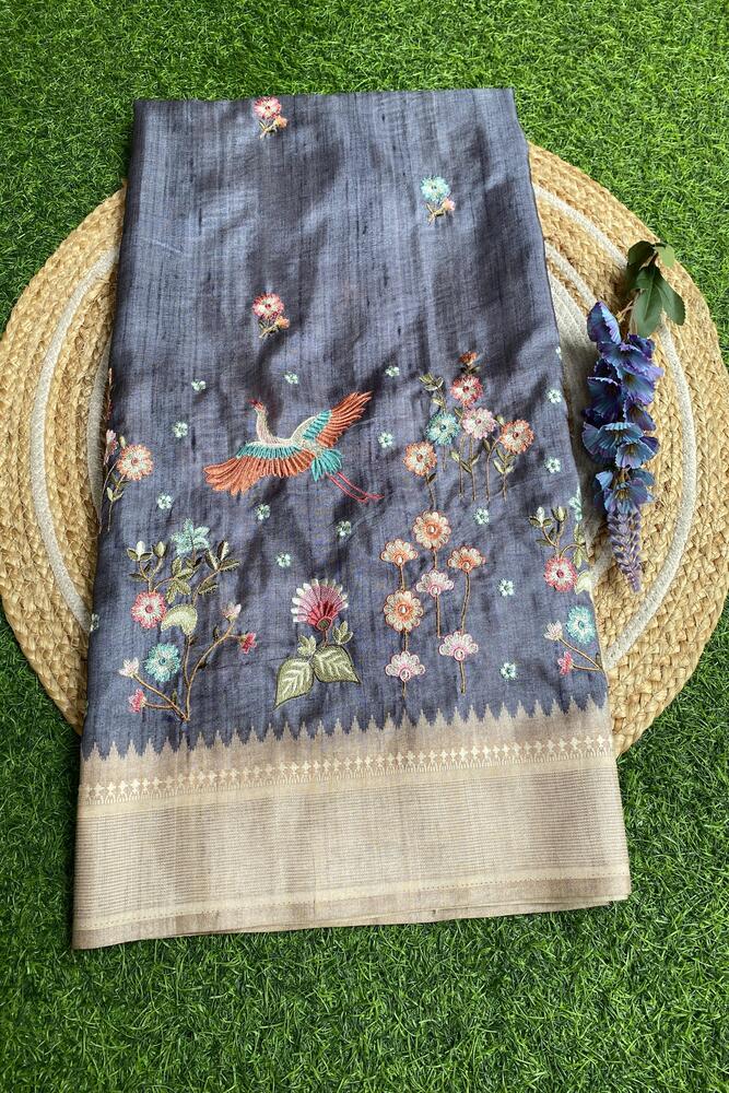 Blue Tussar Cotton Resham Work Saree, With Unstiched Blouse