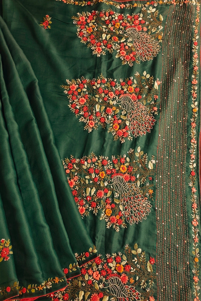 Deep Green Semi Munga Silk French Knot Hand Embroidery Work Saree, With Unstiched Blouse