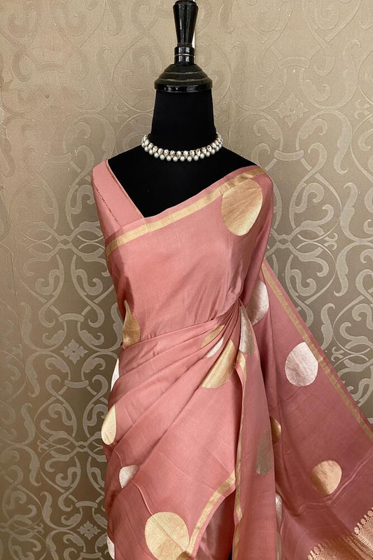 Pastel Pink Mashru Silk Banarasi Handloom Saree, With Unstiched Blouse