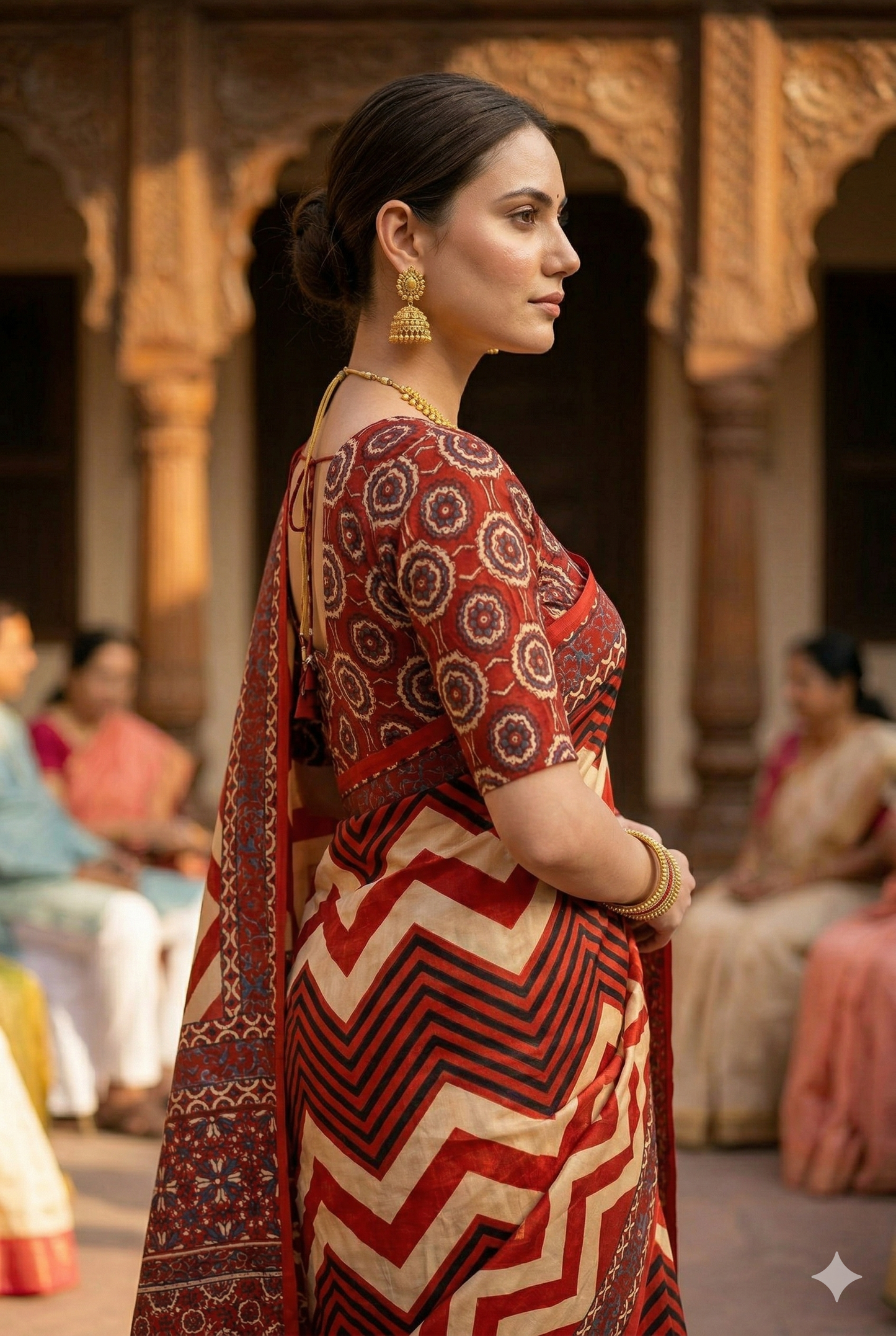 Off-White & Red Pure Modal Silk Ajrakh Printed Saree With Unstiched Blouse