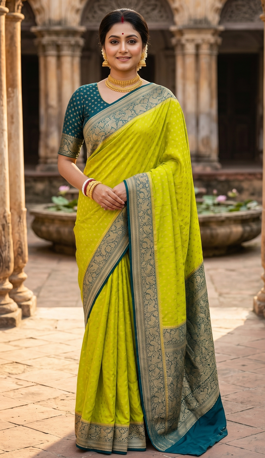 Lime green crepe Khaddi Banarasi silk saree with intricate gold zari work and matching unstiched blouse, traditional Indian wear.