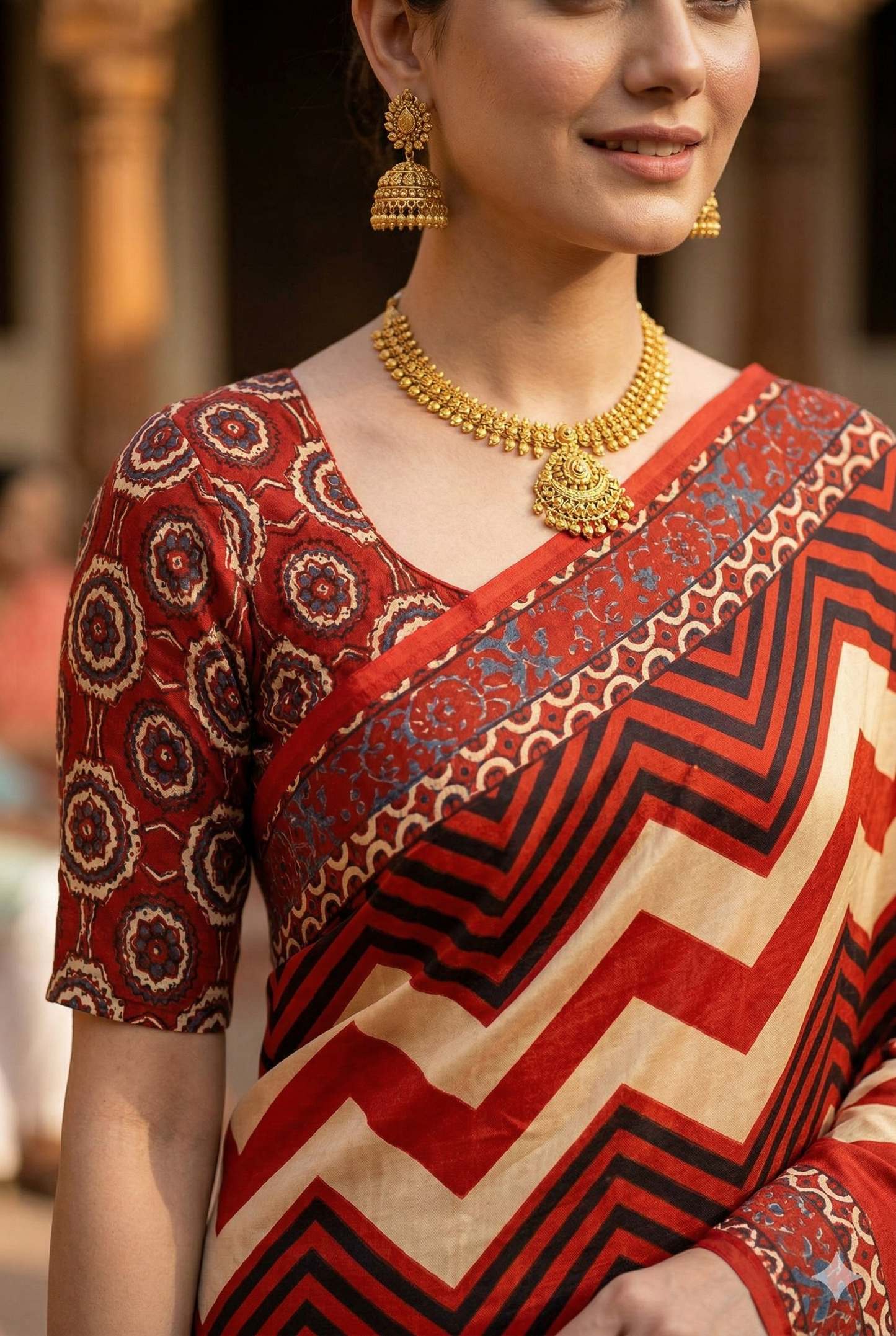 Off-White & Red Pure Modal Silk Ajrakh Printed Saree With Unstiched Blouse