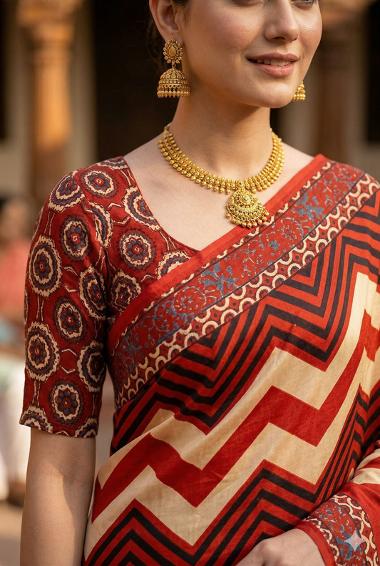 Off-White & Red Pure Modal Silk Ajrakh Printed Saree With Unstiched Blouse